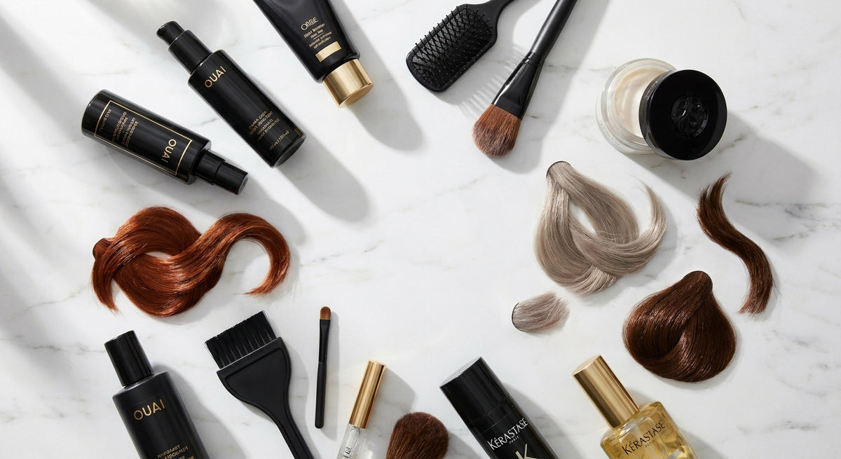 A flat lay of professional hair care products on white marble, surrounded by glossy colour-treated hair swatches in rich copper, ash blonde, and brunette tones under soft natural light.