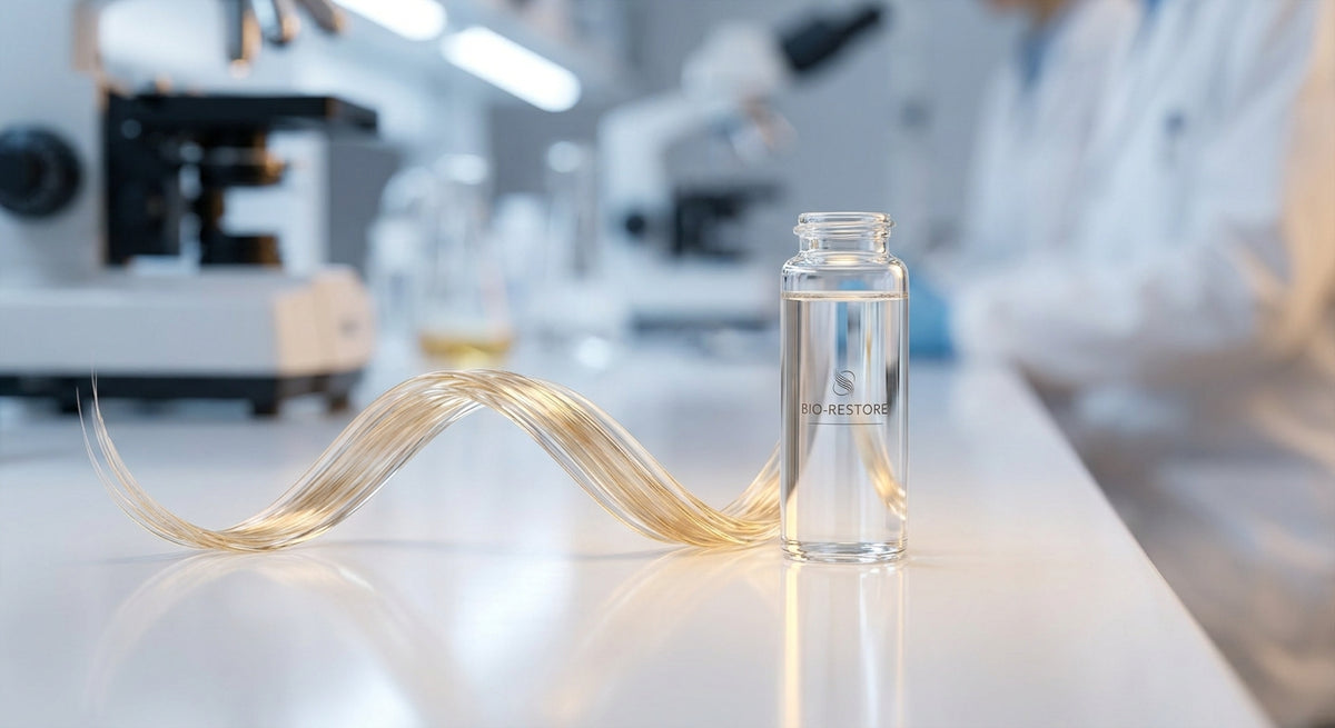 A luminous strand of silky hair resting beside a glass vial on a clean white surface, lit with cool clinical light and warm golden highlights to evoke scientific hair repair technology.