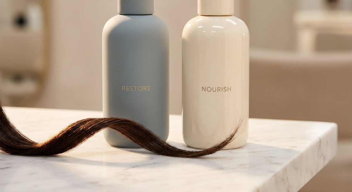 Two sleek hair treatment bottles on a marble surface beside a single glossy strand of healthy hair, lit with warm studio light.