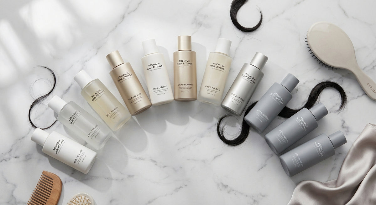 A top-down flatlay of premium haircare treatment products arranged in a deliberate sequence on a white marble surface, styled with glossy hair strands and soft natural lighting.