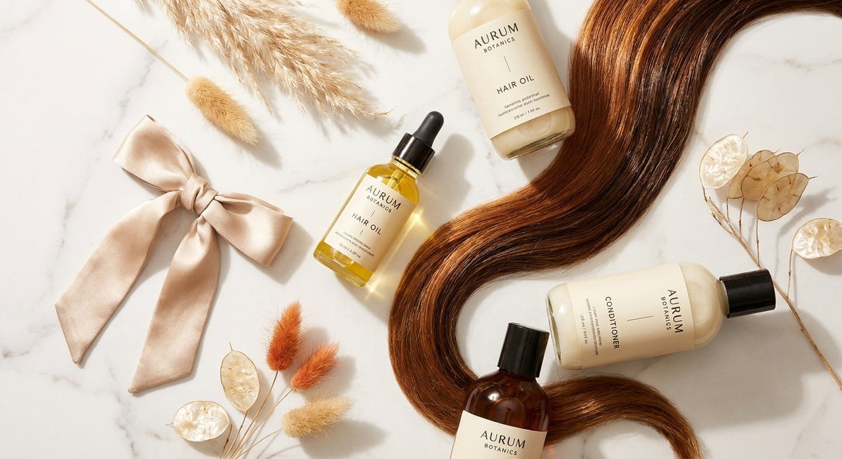 A luxurious flat lay of professional haircare products arranged on white marble with warm editorial lighting, evoking salon-quality colour maintenance at home.