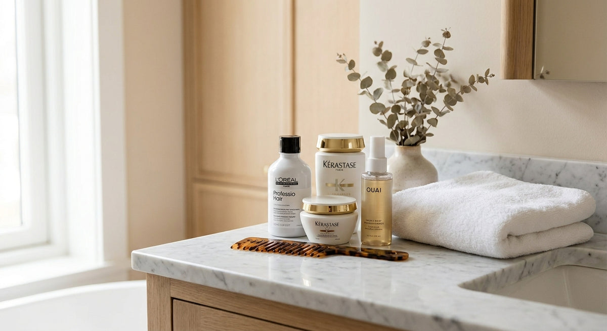 A luxurious home vanity setup with professional hair care products arranged on a marble surface, evoking a salon-quality at-home beauty routine.