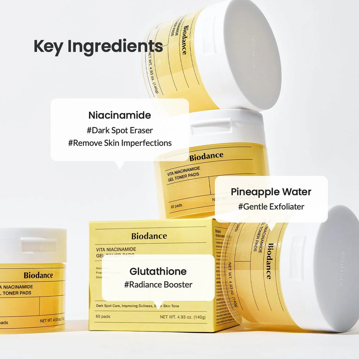 Biodance Vita Niacinamide Gel Toner Pads in a jar, showing 60 soothing skincare pads with niacinamide for brightening and hydration.