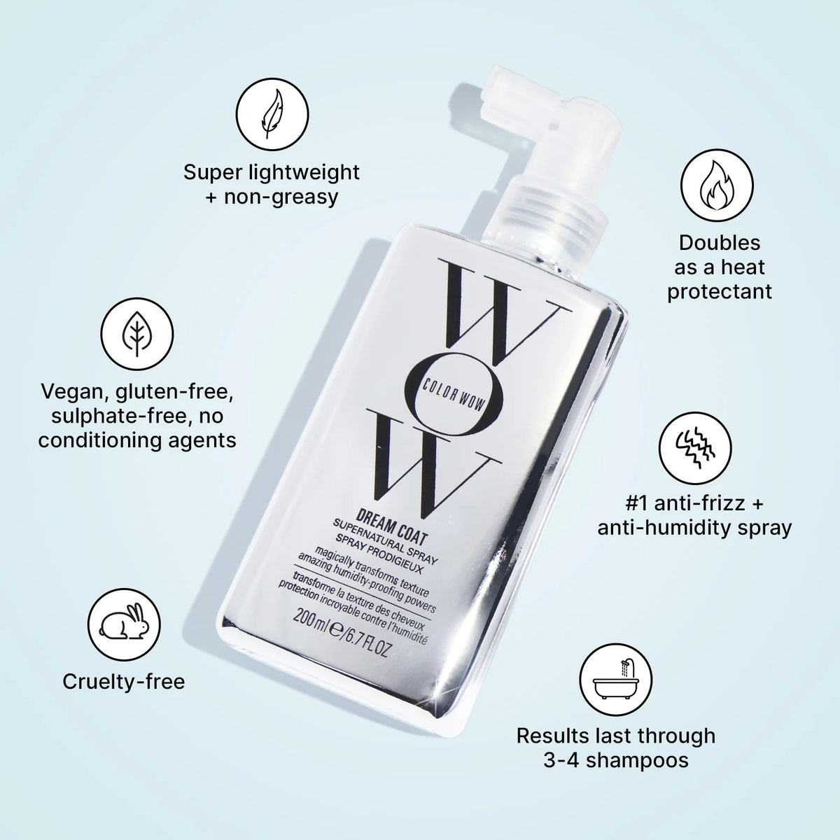 Color WOW Dream Coat Supernatural Spray for hair, 200ml, showcasing the sleek bottle and product label.