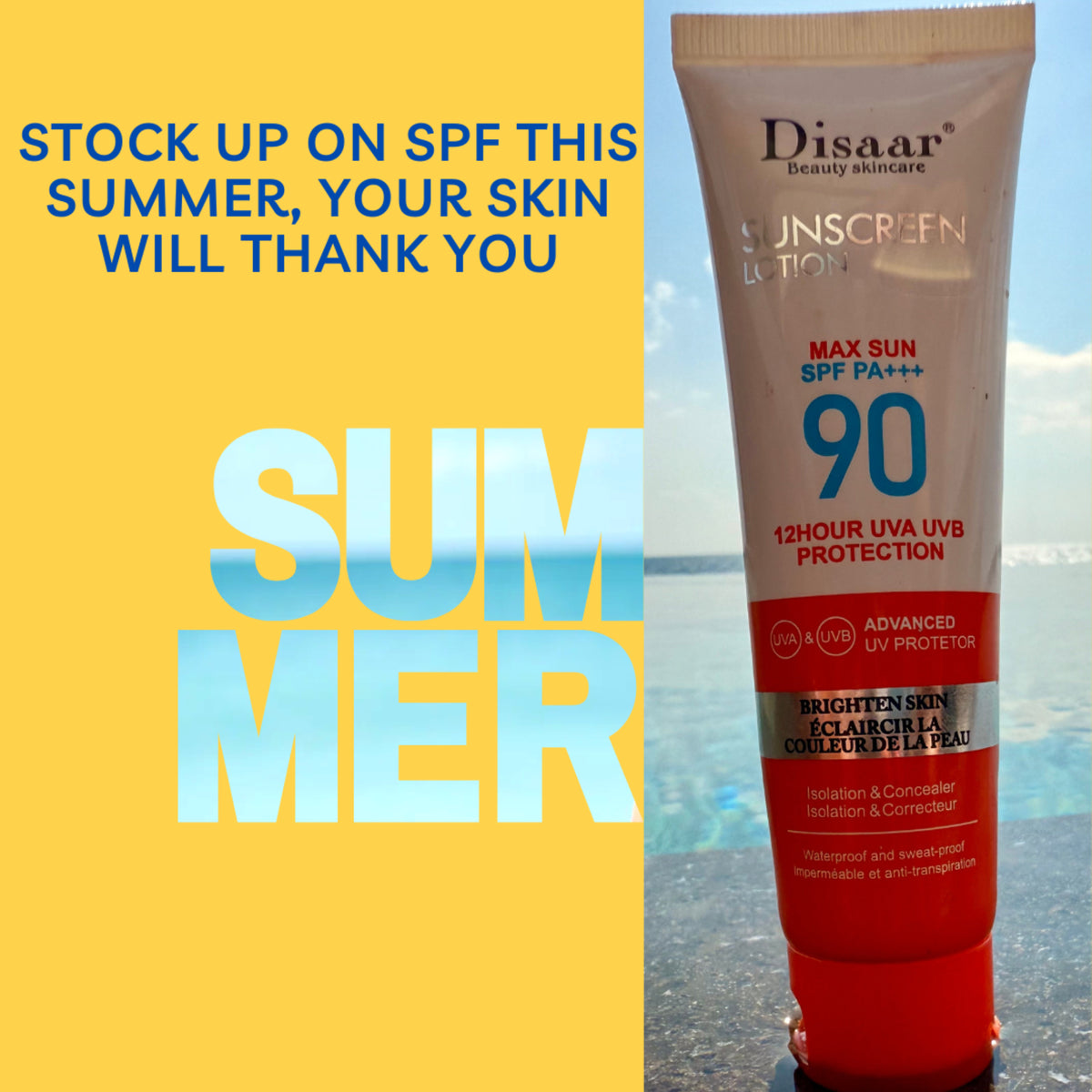 Disaar SPF 90 long-lasting UV sunscreen skincare product with a smooth, lightweight lotion texture in a white tube.
