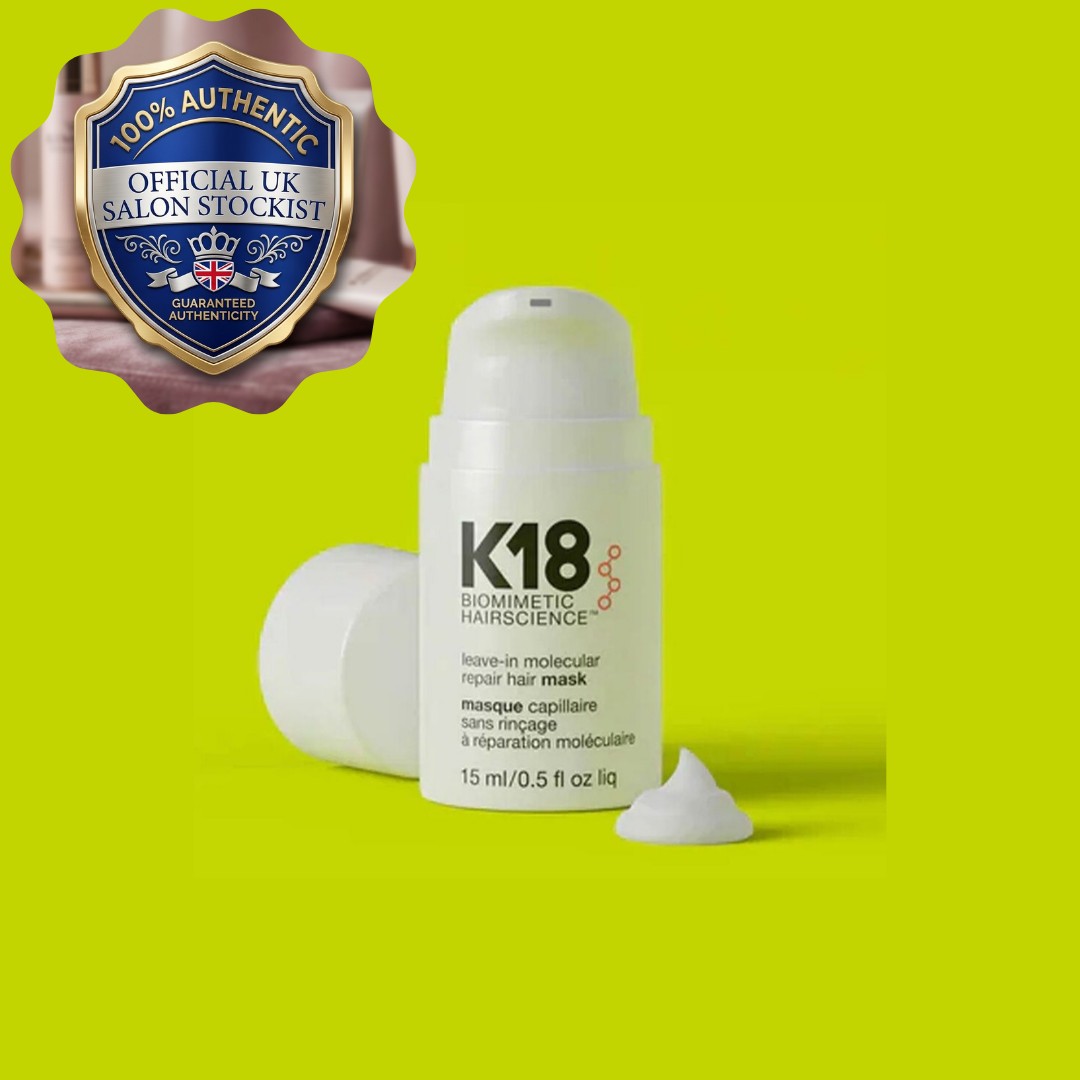K18 Biomimetic Hairscience leave-in molecular repair hair mask in 15ml tube, designed to strengthen and repair damaged hair.