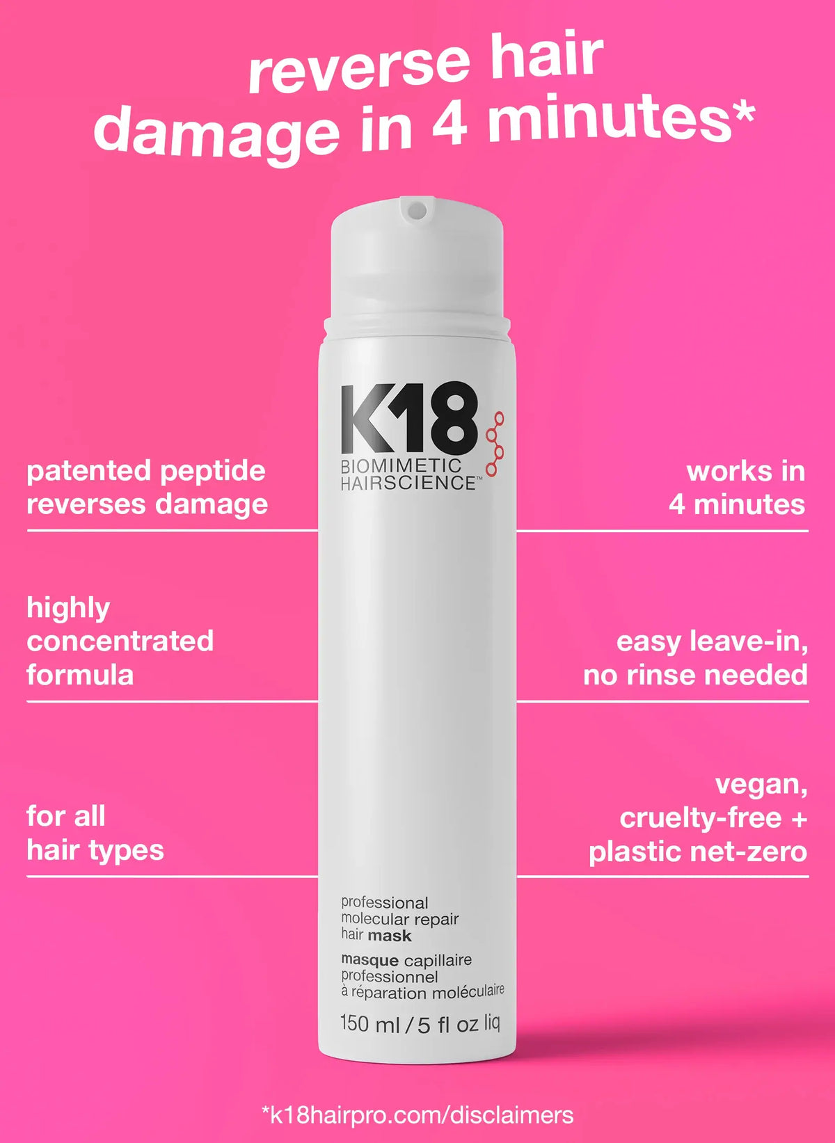 K18 Leave-in Molecular Repair Hair Mask in 150ml jar, designed to repair and strengthen damaged hair.