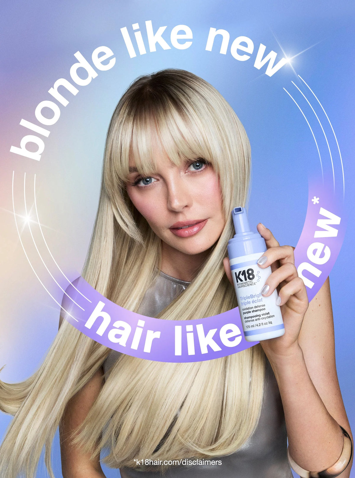 K18 TripleBright purple shampoo bottle with white cap, designed to neutralize yellow tones in blonde or gray hair, 125ml.