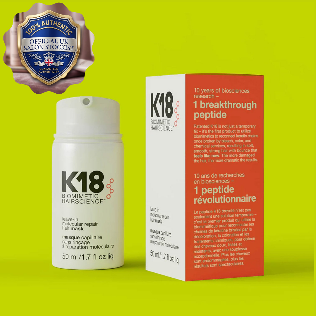 K18 Biomimetic Hairscience Leave-in Molecular Repair Hair Mask in a 50ml square container, designed to repair and strengthen hair.