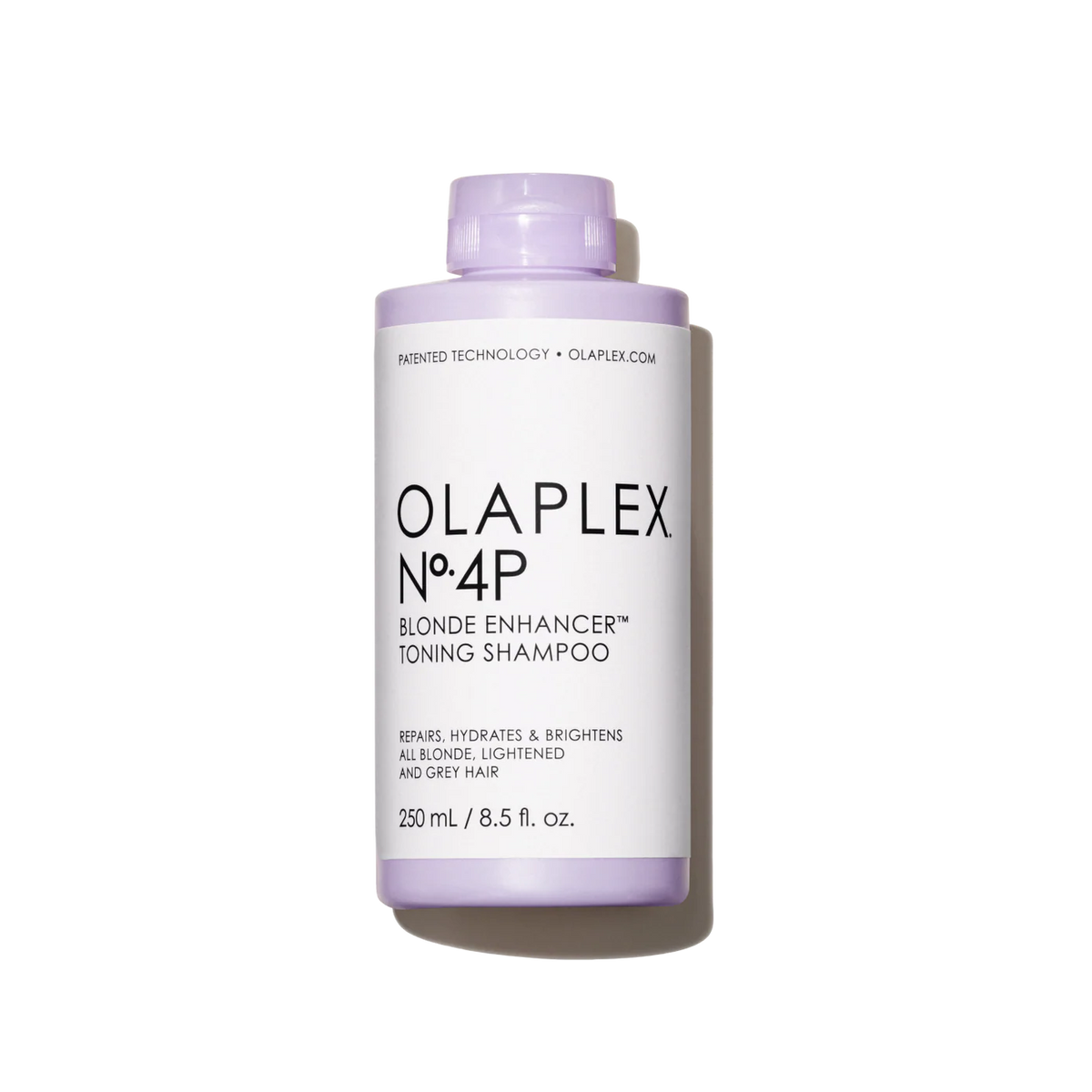 Olaplex No.4P Blonde Enhancer Toning Shampoo in 250ml bottle, featuring purple shampoo for blonde hair care and toning.